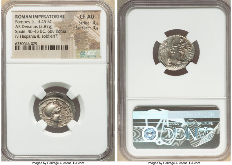 Cnaeus Pompeius Junior (46-45 BC). AR denarius (20mm, 3.87 gm, 6h). NGC Choice A...