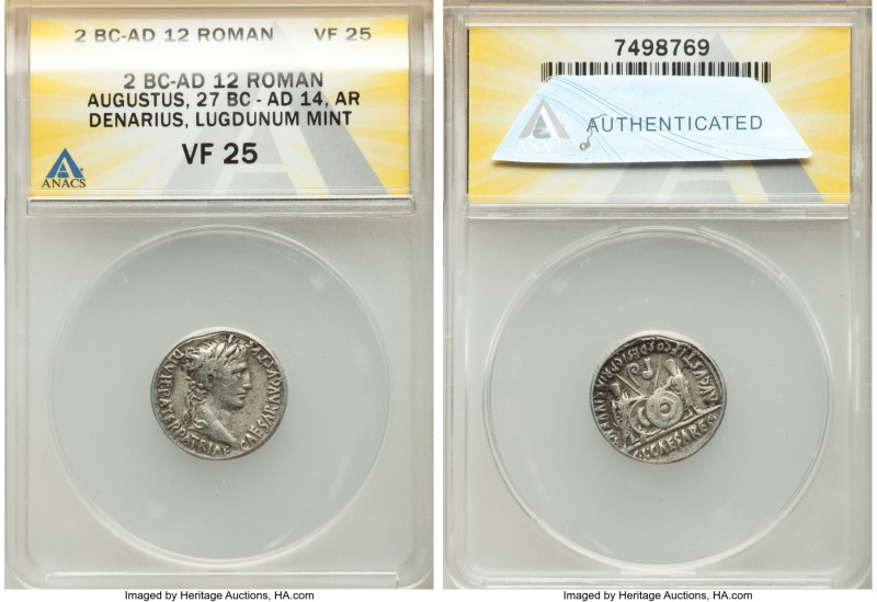 Augustus (27 BC-AD 14). AR denarius (19mm, 11h). ANACS VF 25. Lugdunum, 2 BC-AD ...