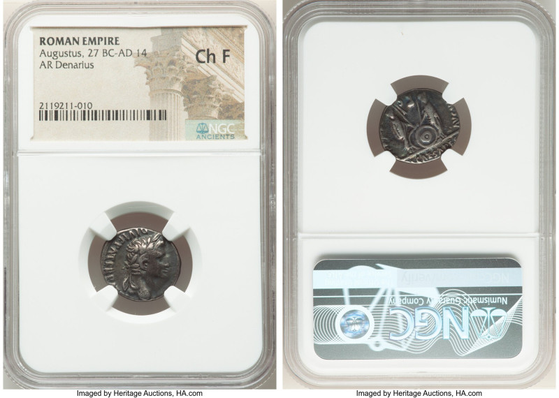 Augustus (27 BC-AD 14). AR denarius (17mm, 5h). NGC Choice Fine. Lugdunum, 2 BC-...