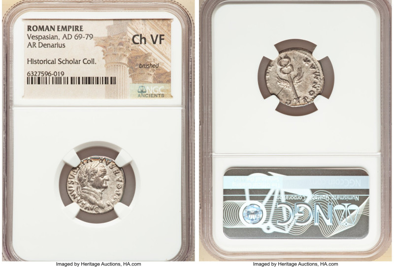 Vespasian (AD 69-79). AR denarius (19mm, 5h). NGC Choice VF, brushed. Rome, AD 7...