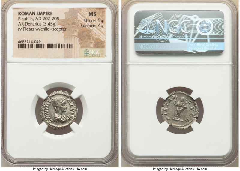 Plautilla (AD 202-205). AR denarius (19mm, 3.45 gm, 12h). NGC MS 5/5 - 4/5. Rome...