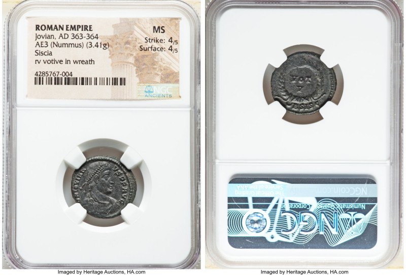 Jovian (AD 363-364). AE4 or nummus (19mm, 3.41 gm, 6h). NGC MS 4/5 - 4/5. Siscia...