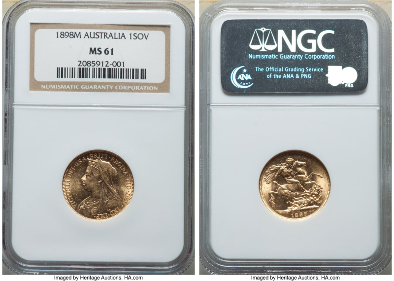 Victoria gold Sovereign 1898-M MS61 NGC, Melbourne mint, KM13. Conservatively gr...