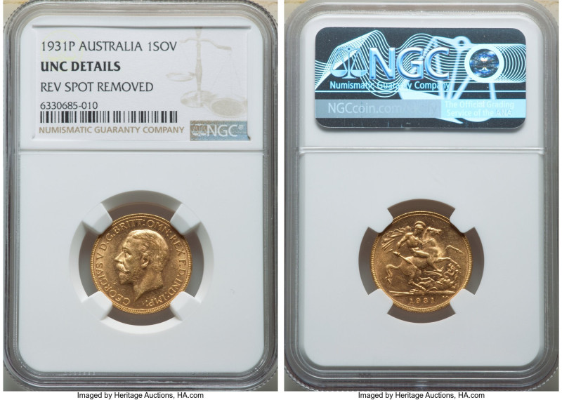 George V gold Sovereign 1931-P UNC Details (Reverse Spot Removed) NGC, Perth min...