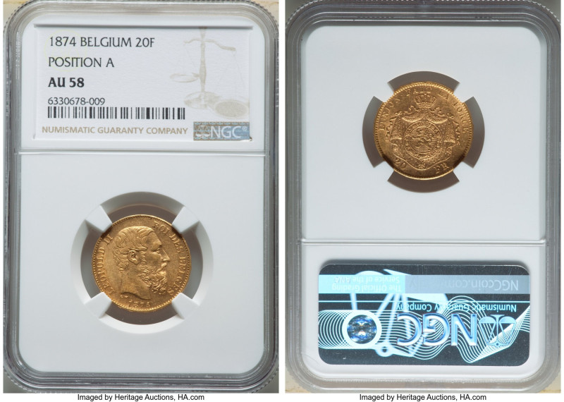 Leopold II gold 20 Francs 1874 AU58 NGC, Brussels mint, KM37. Position A. 

HID0...