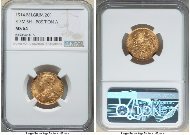 Albert I gold 20 Francs 1914 MS64 NGC, Brussels mint, KM79. Flemish legend. Posi...