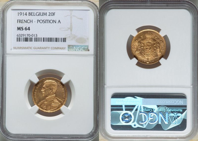 Albert I gold 20 Francs 1914 MS64 NGC, Brussels mint, KM78. Position A. French l...