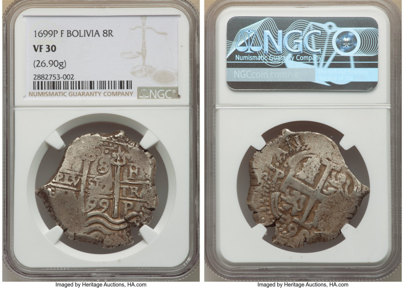 Charles II Cob 8 Reales 1699 P-F VF30 NGC, Potosi mint, KM26. 26.90gm. Readable ...