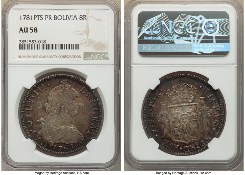 Charles III 8 Reales 1781 PTS-PR AU58 NGC, Potosi mint, KM55. Pewter-gray center...