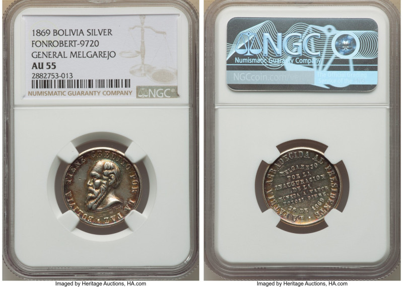 Republic silver "Steam Coin Press at the Mint" Medal 1869 AU55 NGC, Potosi mint,...