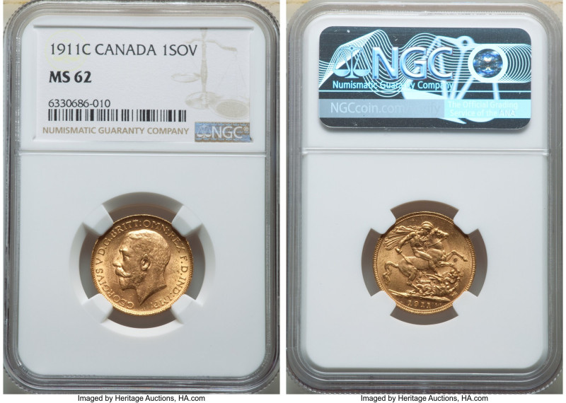 George V gold Sovereign 1911-C MS62 NGC, Ottawa mint, KM20. Glistening surfaces ...