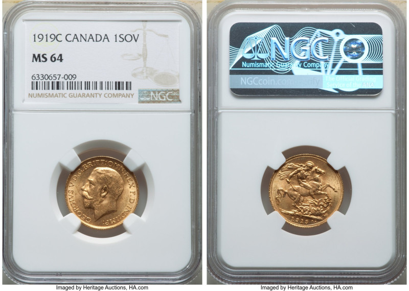 George V gold Sovereign 1919-C MS64 NGC, Ottawa mint, KM20. Rose and lime toned ...