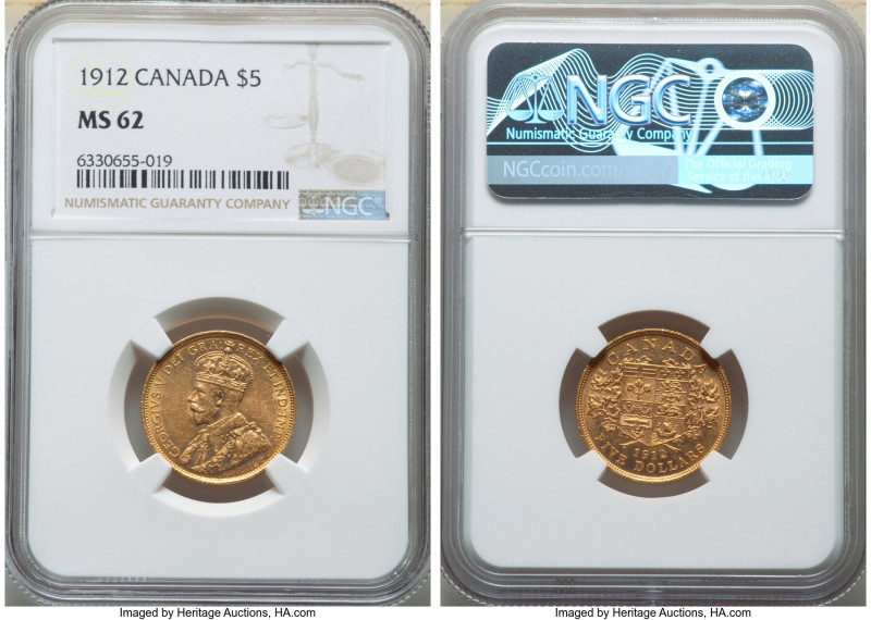 George V gold 5 Dollars 1912 MS62 NGC, Ottawa mint, KM26. Peach toning. 

HID098...