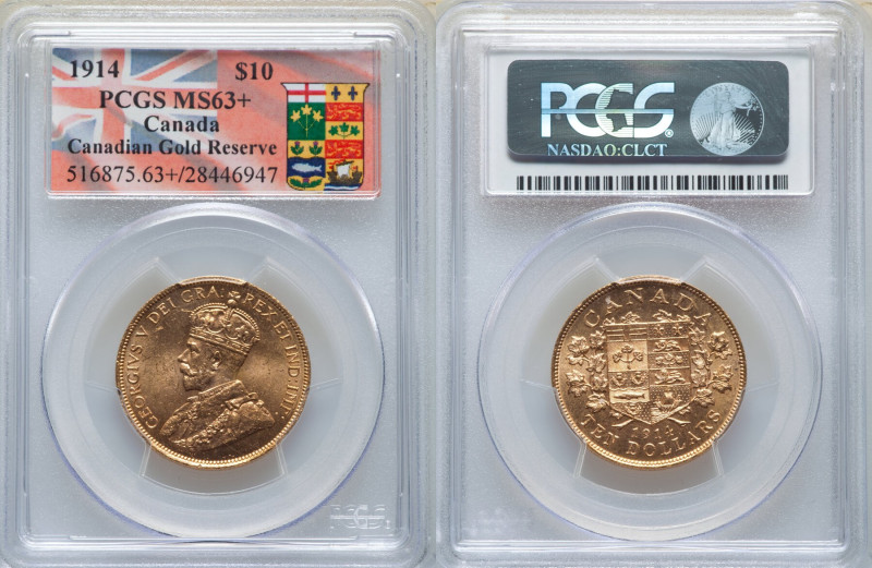 George V gold 10 Dollars 1914 MS63+ PCGS, Ottawa mint, KM27. Canadian Gold Reser...