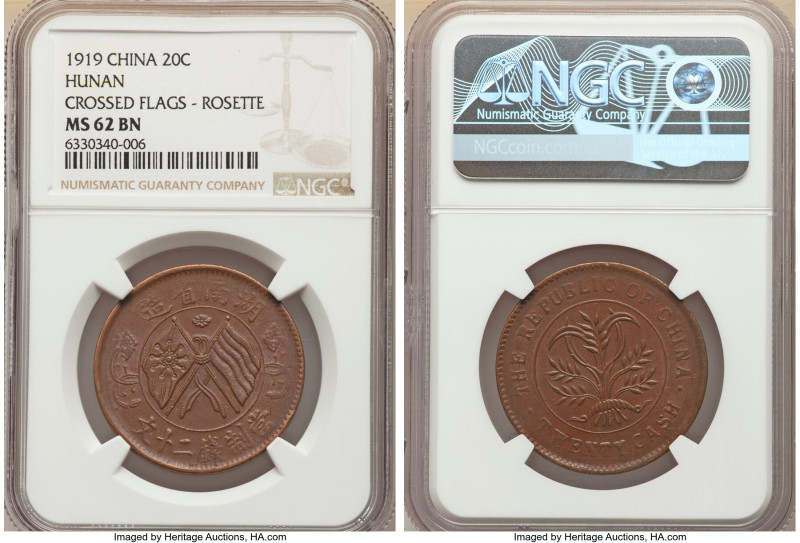 Hunan. Republic 20 Cash ND (1919) MS62 Brown NGC, KM-Y400.5. Crossed flags - Ros...