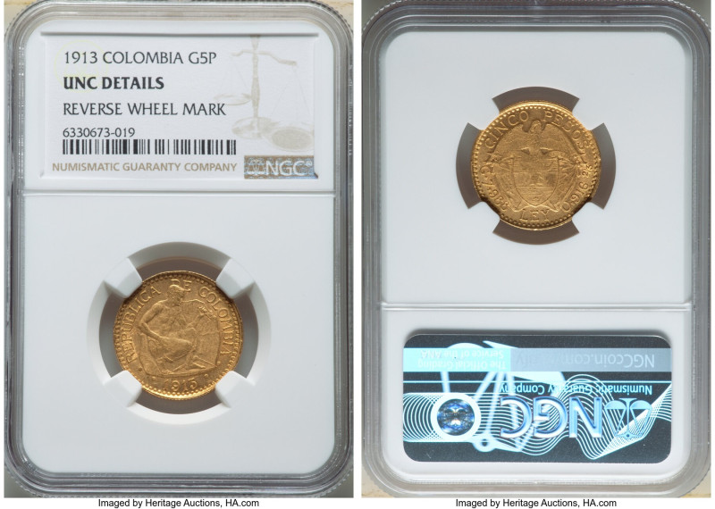 Republic gold 5 Pesos 1913 UNC Details (Reverse Wheel Mark) NGC, KM195.1, Fr-110...