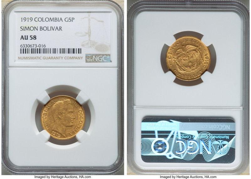 Republic gold 5 Pesos 1919 AU58 NGC, KM201.1, Fr-113. Simon Bolivar. Orange and ...