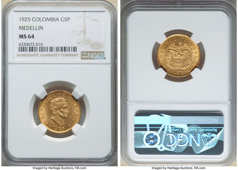 Republic gold 5 Pesos 1925 MS64 NGC, Medellin (MFDELLIN) mint, KM204. Silken min...