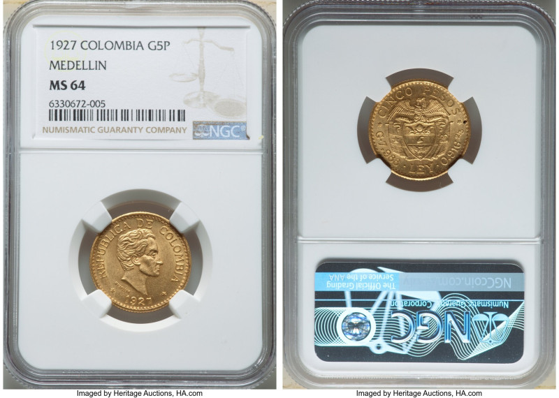 Republic gold 5 Pesos 1927 MS64 NGC, Medellin (MFDFLLIN) mint, KM204. Frosted li...