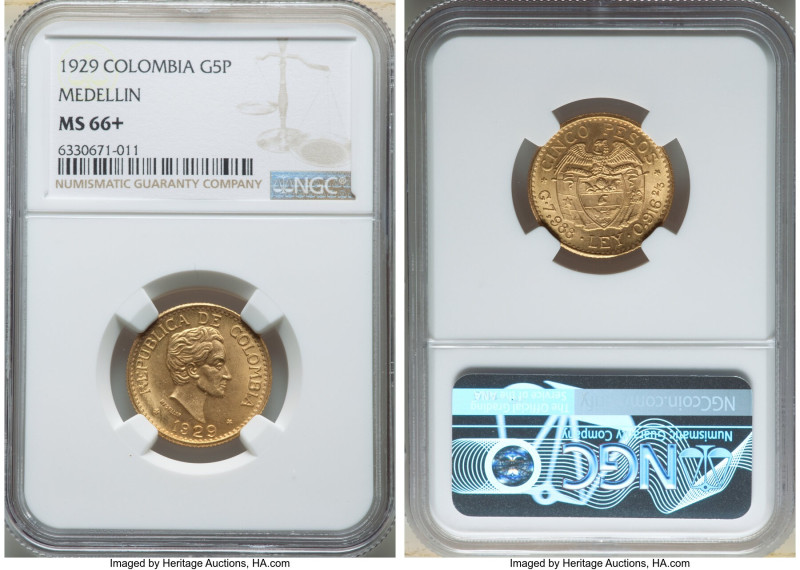 Republic gold 5 Pesos 1929 MS66+ NGC, Medellin (MFDFLLIN) mint, KM204. Frosted t...