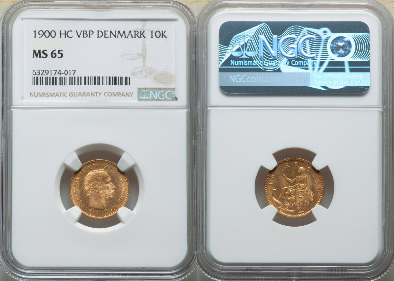 Christian IX gold 10 Kroner 1900 (h)-VBP MS65 NGC, Copenhagen mint, KM790.2. Str...