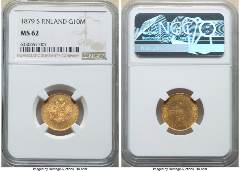 Russian Duchy. Alexander II gold 10 Markkaa 1879-S MS62 NGC, Helsinki mint, M8.2...