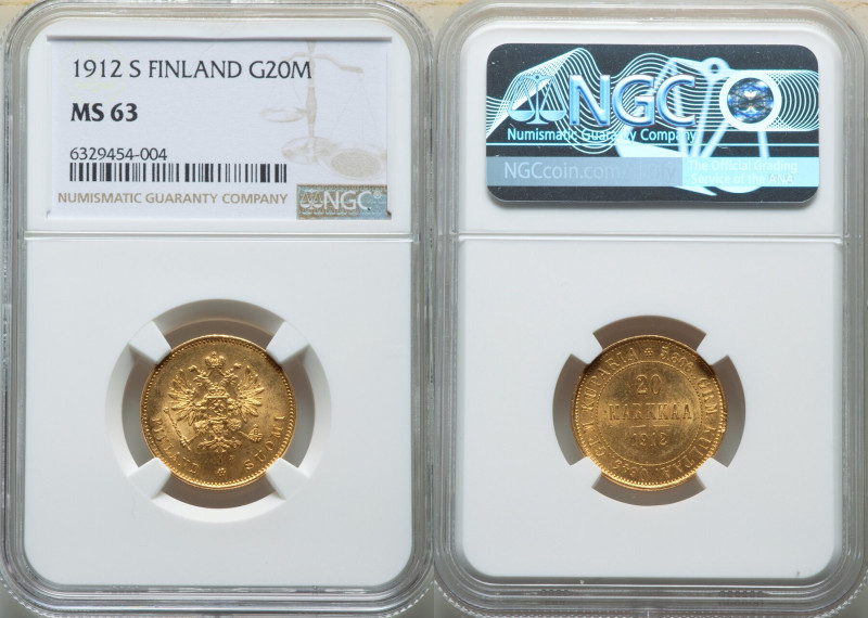 Russian Duchy. Nicholas II gold 20 Markkaa 1912-S MS63 NGC, Helsinki mint, KM9.2...