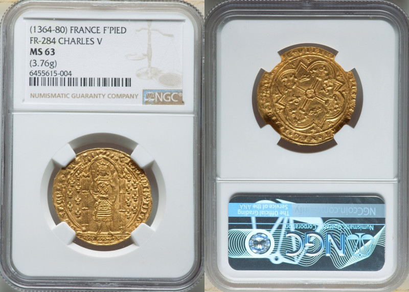 Charles V (1364-1380) gold Franc à Pied ND (from 1365) MS63 NGC, Uncertain mint,...