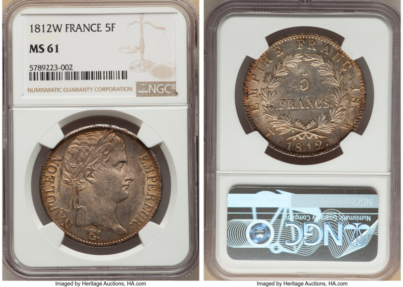 Napoleon 5 Francs 1812-W MS61 NGC, Lille mint, KM694.16. Visually outstanding wi...