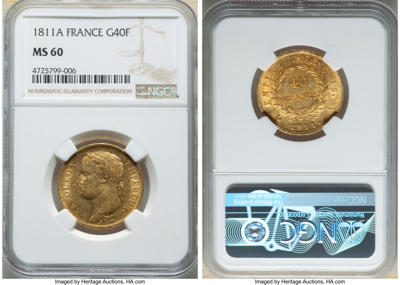 Napoleon gold 40 Francs 1811-A MS60 NGC, Paris mint, KM696.1. Citrus toning resi...