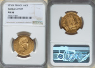 Charles X gold 40 Francs 1830-A AU58 NGC, Paris mint, KM721.1. Incuse letters on edge. Choice A/U with reflective fields and golden luster. 

HID09801...