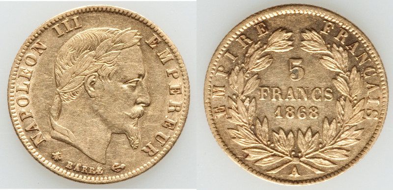 Napoleon III gold 5 Francs 1868-A XF, Paris mint, KM803.1. 16.6mm. 1.60gm. 

HID...