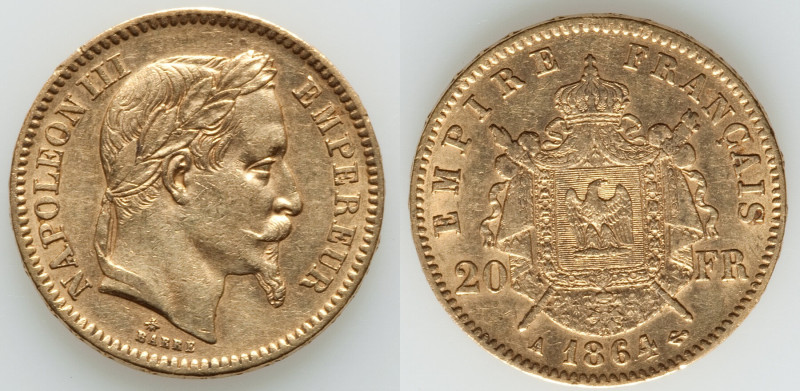 Napoleon III gold 20 Francs 1864-A XF, Paris mint, KM801.1. 21.1mm. 6.42gm. 

HI...