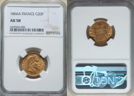 Napoleon III gold 20 Francs 1866-A AU58 NGC, Paris mint, KM801.1. Fully struck portrait, surrounded by bronze tinted golden fields. 

HID09801242017

...