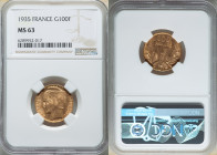 Republic gold "Bazor" 100 Francs 1935 MS63 NGC, Paris mint, KM880. Conservatively graded with semi-Prooflike fields on this Bazor deco style masterpie...