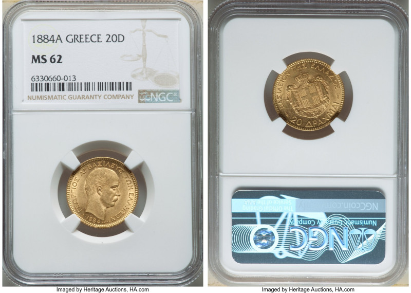 George I gold 20 Drachmai 1884-A MS62 NGC, Paris mint, KM56. One year type. Ligh...