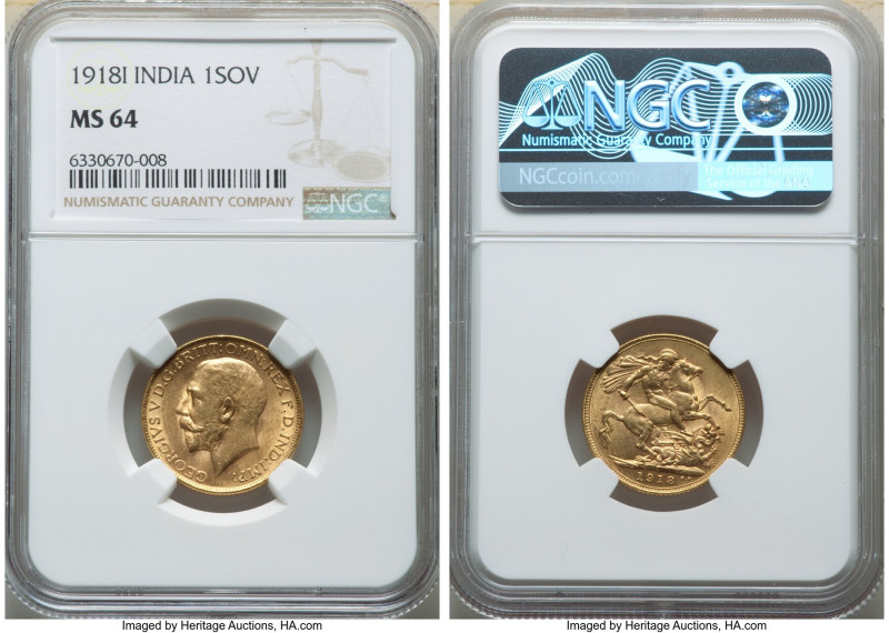 British India. George V gold Sovereign 1918-I MS64 NGC, Bombay mint, KM-A525, S-...