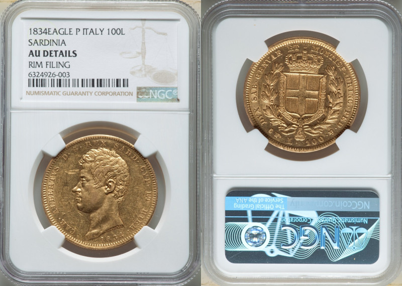 Sardinia. Carlo Alberto gold 100 Lire 1834 (Eagle)-P AU Details (Rim Filing) NGC...