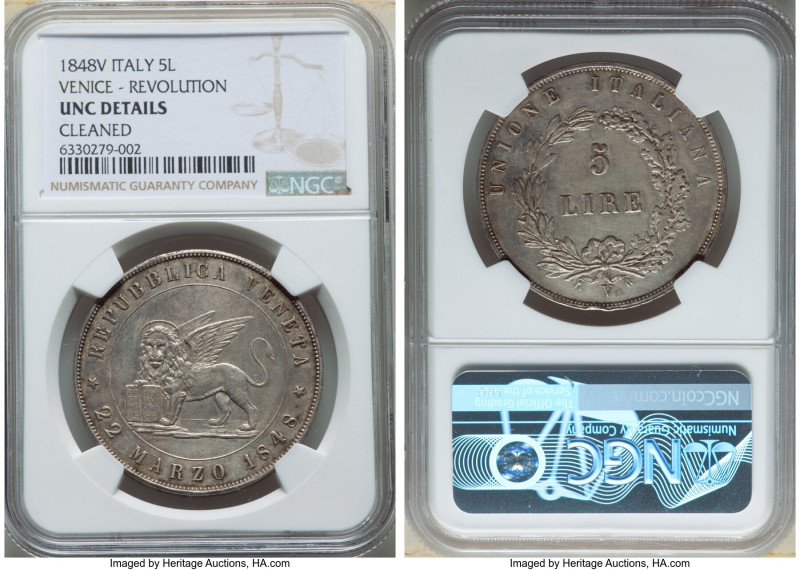 Venice. Revolutionary 5 Lire 1848-V UNC Details (Cleaned) NGC, Venice mint, KM80...