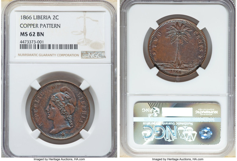 Republic copper Pattern 2 Cents 1866 MS62 Brown NGC, KM-Pn13. Neon blue toning o...