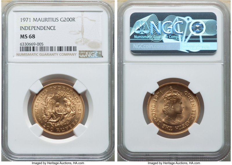 British Colony. Elizabeth II gold "Independence" 200 Rupees 1971 MS68 NGC, Royal...