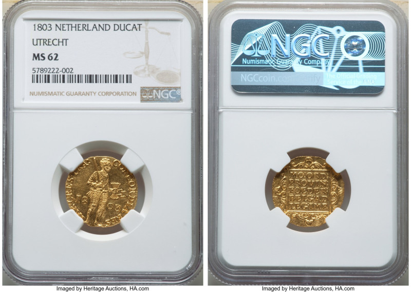 Batavian Republic. Utrecht gold Ducat 1803 MS62 NGC, Utrecht mint, KM11.3. Boldl...