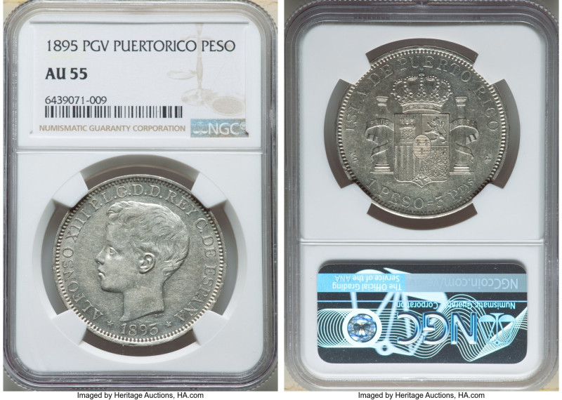 Spanish Colony. Alfonso XIII Peso 1895- PG-V AU55 NGC, Manila mint, KM24, Cal-12...