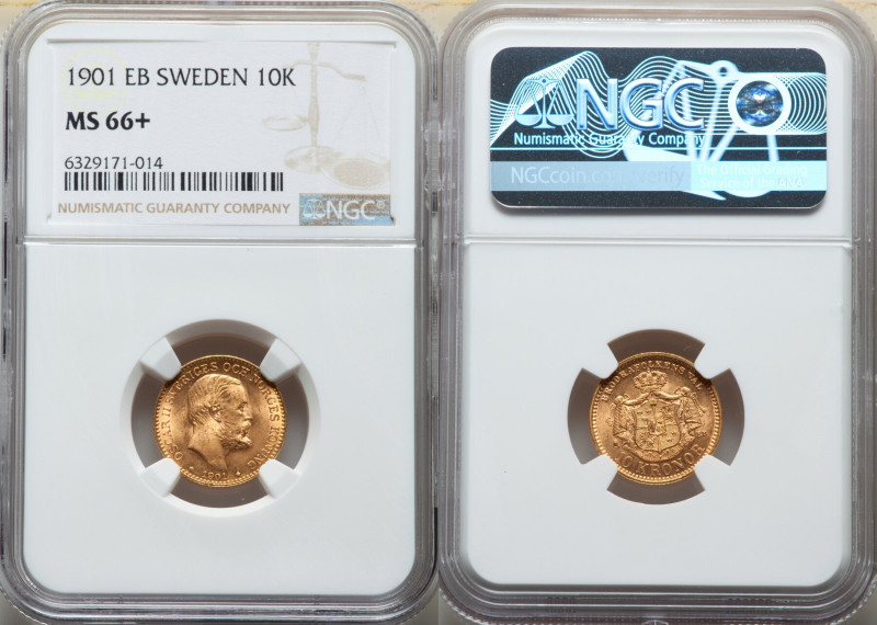 Oscar II gold 10 Kronor 1901-EB MS66+ NGC, Stockholm mint, KM767. A compelling o...