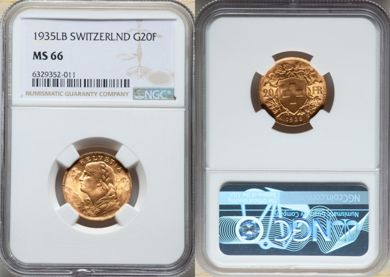 Confederation gold 20 Francs 1935-LB MS66 NGC, Bern mint, KM35.1, Fr-499. Rose-t...