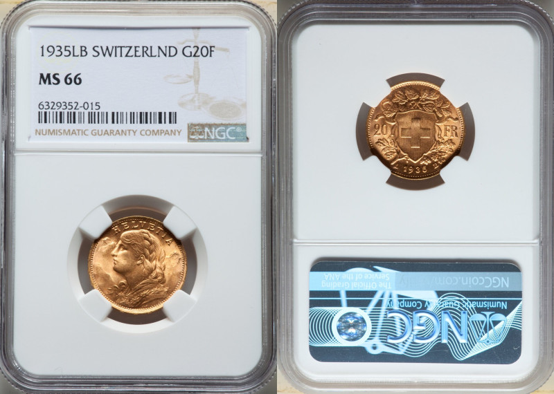 Confederation gold 20 Francs 1935-LB MS66 NGC, Bern mint, KM35.1. Lustrous rose-...