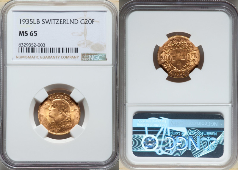 Confederation gold 20 Francs 1935-LB MS65 NGC, Bern mint, KM35.1, Fr-499. Featur...