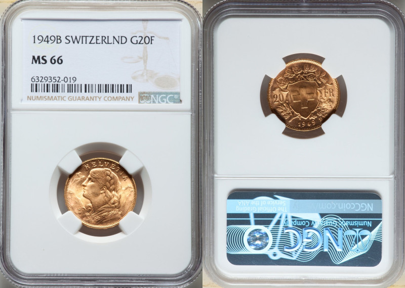 Confederation gold 20 Francs 1949-B MS66 NGC, Bern mint, KM35.2, fR-499. A rose-...