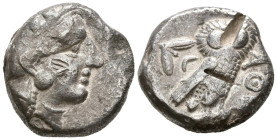 ATTICA, Atenas. Tetradracma. (Ar. 17,19g/25mm). 454-404 a.C. (HGC 4, 1597). Anv: Cabeza de Atenas con casco ático con cresta a derecha. Rev: Búho esta...