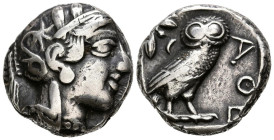 ATTICA, Atenas. Tetradracma. (Ar. 17,15g/23mm). 454-404 a.C. (HGC 4, 1597). Anv: Cabeza de Atenas con casco ático con cresta a derecha. Rev: Búho esta...